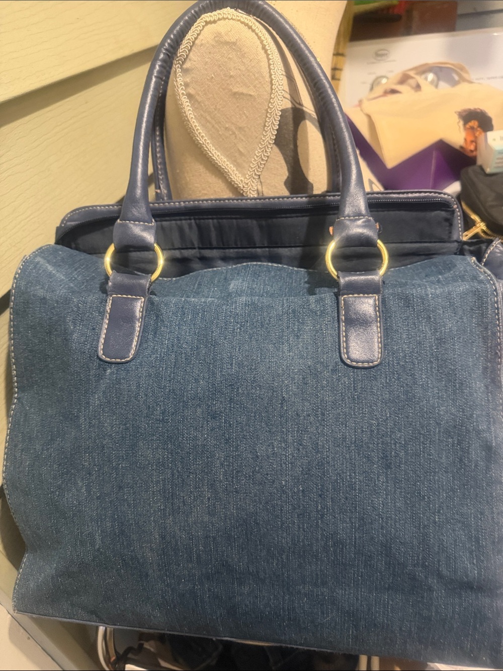 Denim Tote Bag with Gold Accent Hardware - Picture 7 of 8